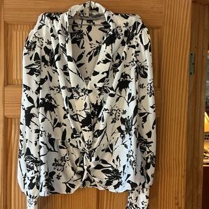 INC International Concepts Black and White Floral Twist-Front Blouse